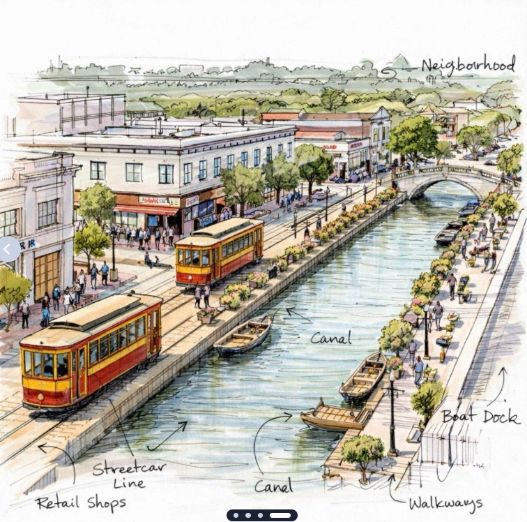 Concept sketch of canals and streetcars in Pacific Grove